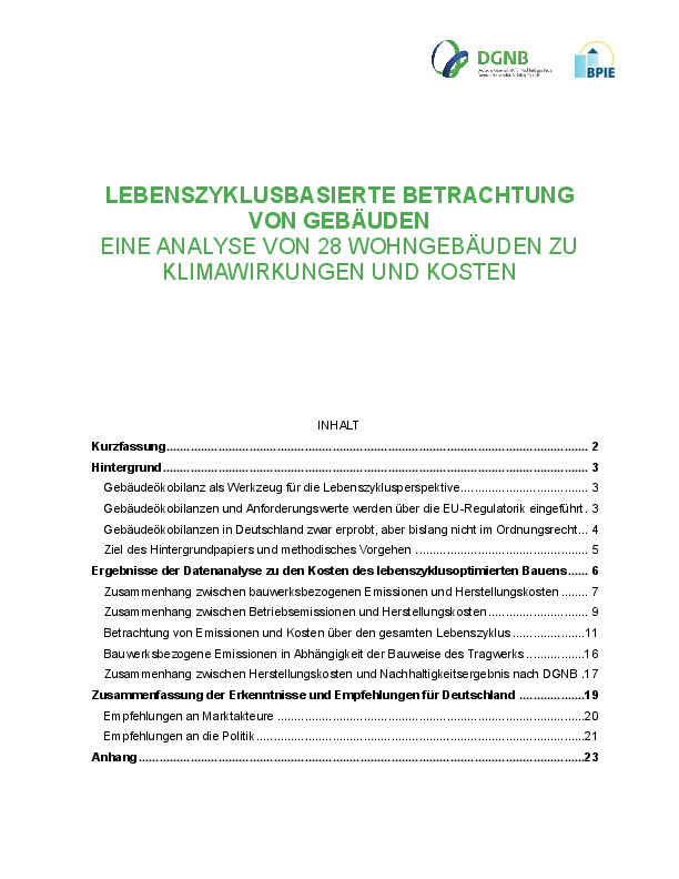 Lebenszyklusbasierte Betrachtung von Gebäuden: Eine Analyse von 28 Wohngebäuden zu Klimawirkungen und Kosten
