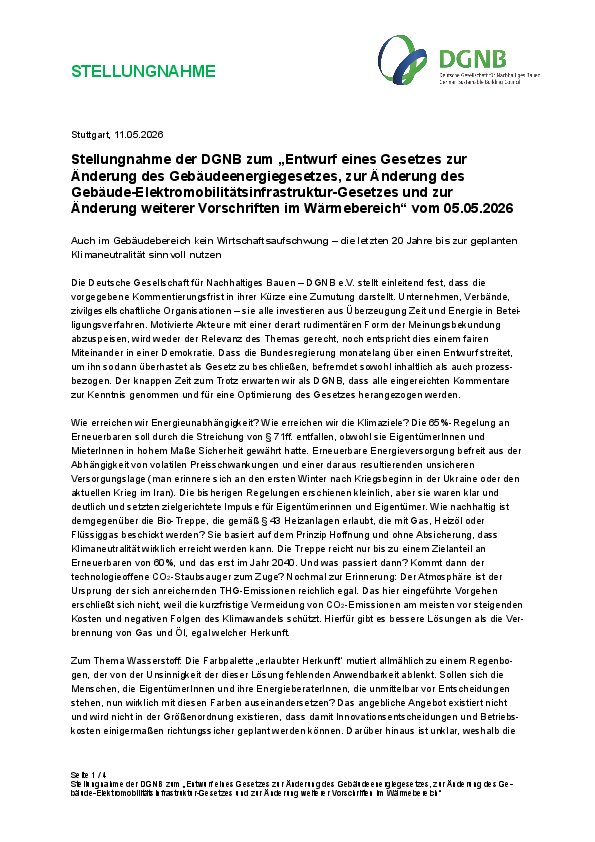 Stellungnahme der DGNB zum "Entwurf eines Gesetzes zur Änderung des Gebäudeenergiegesetzes, zur Änderung des Gebäude-Elektromobilitätsinfrastruktur-Gesetzes und zur Änderung weiterer Vorschriften im Wärmebereich"