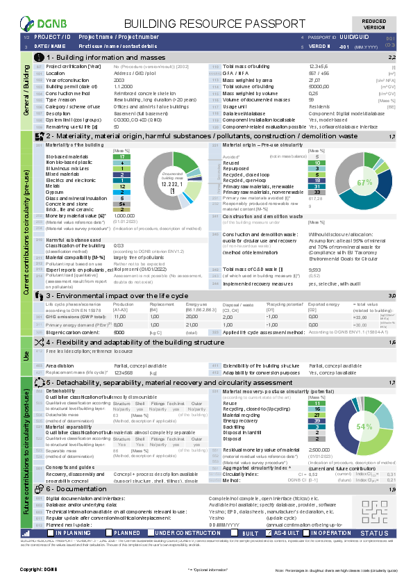 DGNB Building Resource Passport | Example: new building, reduced version