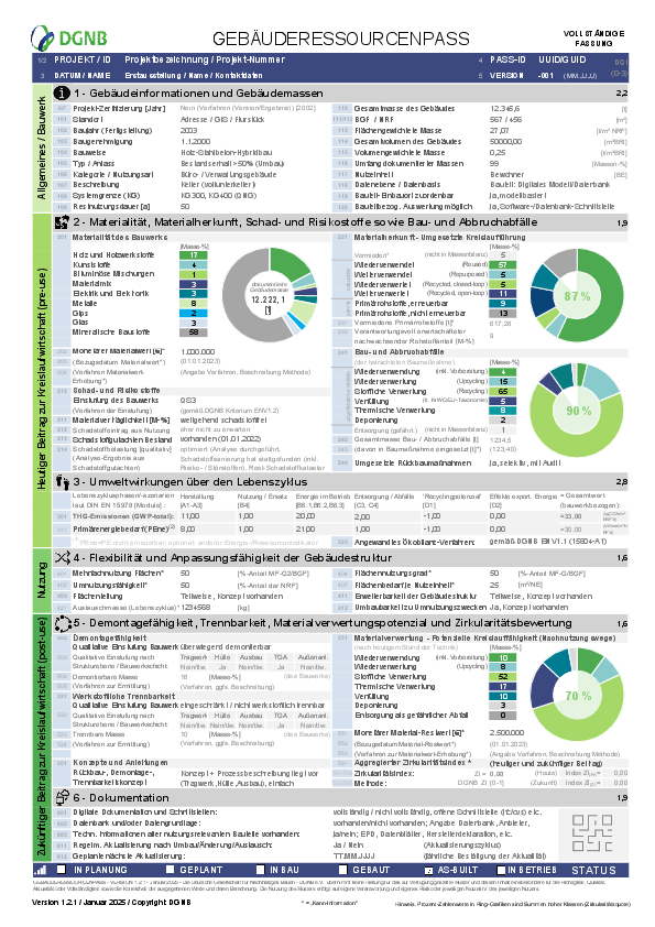 DGNB Gebäuderessourcenpass | Beispiel: Bestand, vollständige Fassung