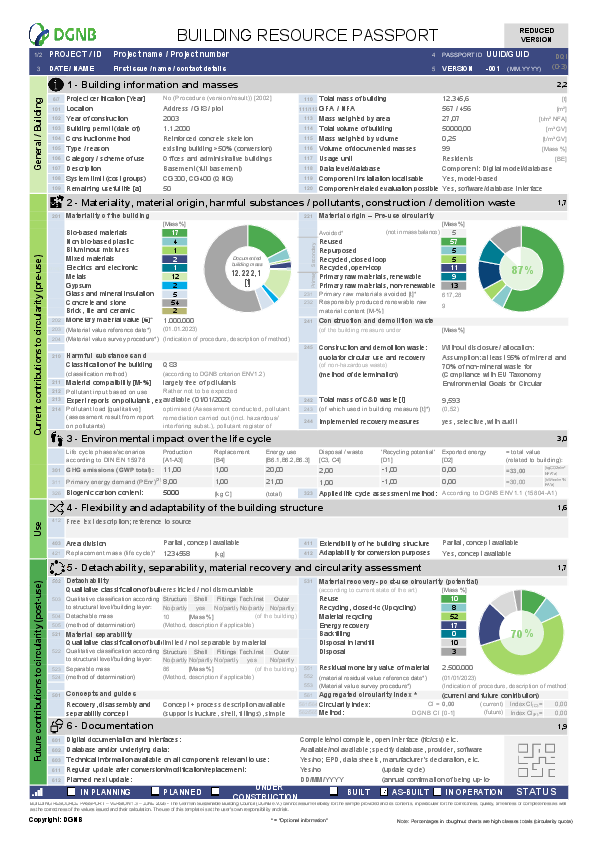 DGNB Building Resource Passport | Example: existing building, reduced version