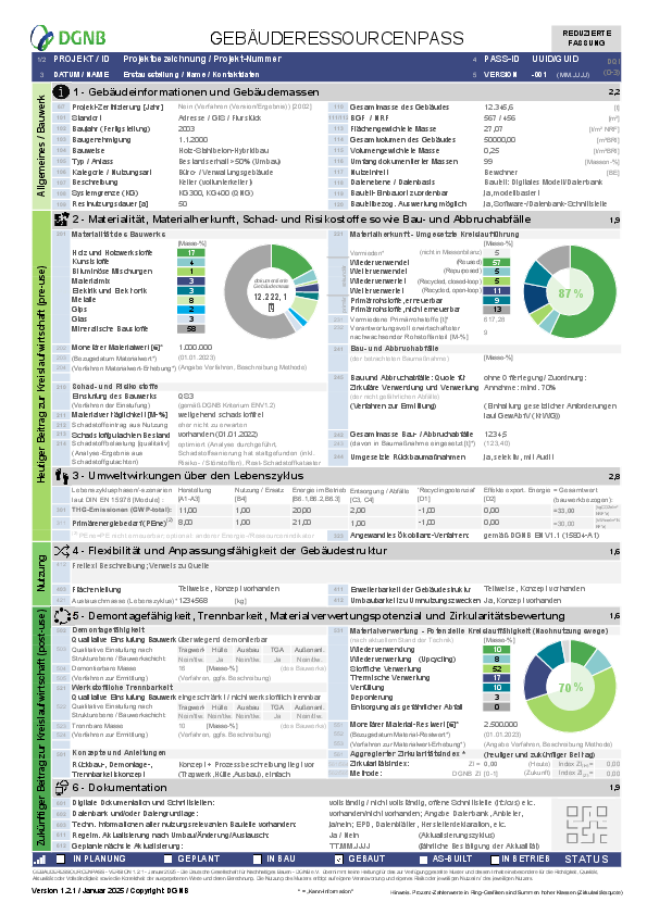DGNB Gebäuderessourcenpass | Beispiel: Bestand, reduzierte Fassung