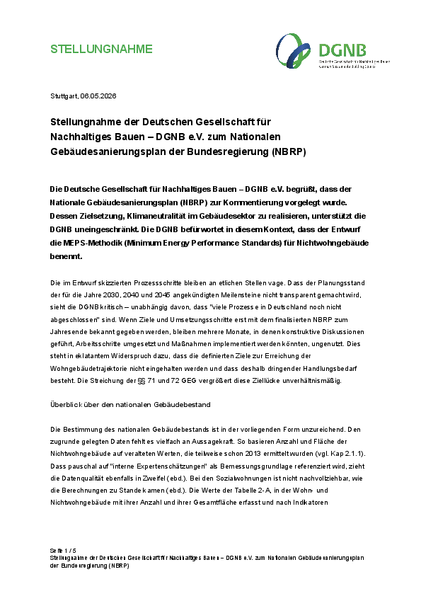 Stellungnahme der Deutschen Gesellschaft für Nachhaltiges Bauen – DGNB e.V. zum Nationalen Gebäudesanierungsplan der Bundesregierung (NBRP)